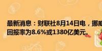 最新消息：财联社8月14日电，挪威主权财富基金上半年的回报率为8.6%或1380亿美元。