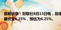 最新消息：财联社8月15日电，菲律宾央行关键利率下调25基点至6.25%，预估为6.25%。