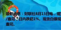 最新消息：财联社8月15日电，现货黄金向下触及2440美元/盎司，日内跌超1%。现货白银现跌超2%，报27.28美元/盎司。