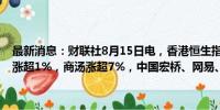 最新消息：财联社8月15日电，香港恒生指数、恒生科技指数日内双双涨超1%，商汤涨超7%，中国宏桥、网易、中国神华均涨超4%。