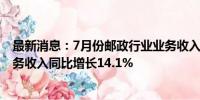 最新消息：7月份邮政行业业务收入同比增长11.7% 快递业务收入同比增长14.1%