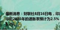 最新消息：财联社8月16日电，印尼总统佐科·维多多表示，印尼2025年的通胀率预计为2.5%；2025年GDP增长目标为5.2%。