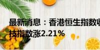 最新消息：香港恒生指数收涨1.88% 恒生科技指数涨2.21%