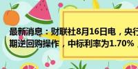 最新消息：财联社8月16日电，央行今日进行1378亿元7天期逆回购操作，中标利率为1.70%，与此前持平。