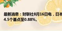 最新消息：财联社8月16日电，日本10年期国债收益率上升4.5个基点至0.88%。