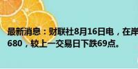 最新消息：财联社8月16日电，在岸人民币兑美元收盘报7.1680，较上一交易日下跌69点。