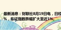 最新消息：财联社8月19日电，日经225指数跌幅扩大至1.2%，东证指数跌幅扩大至近1%。