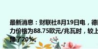 最新消息：财联社8月19日电，德国未来一天交付的基准电力价格为88.75欧元/兆瓦时，较上周五于周一交付的价格下降了20%。