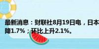 最新消息：财联社8月19日电，日本6月核心机械订单同比下降1.7%；环比上升2.1%。