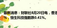 最新消息：财联社8月20日电，香港恒生指数午间收跌0.36%，恒生科技指数跌0.41%。