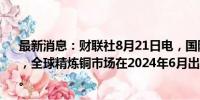 最新消息：财联社8月21日电，国际铜研究小组（ICSG）称，全球精炼铜市场在2024年6月出现95,000公吨的供应过剩。