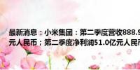 最新消息：小米集团：第二季度营收888.9亿元人民币，预估868.5亿元人民币；第二季度净利润51.0亿元人民币，预估38.4亿元人民币。