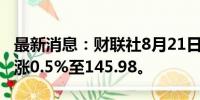 最新消息：财联社8月21日电，美元兑日元上涨0.5%至145.98。