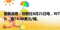 最新消息：财联社8月21日电，WTI原油期货结算价跌0.44%，报74.04美元/桶。