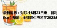 最新消息：财联社8月21日电，智利国家铜业委员会（Cochilco）预测，全球锂供应将在2025年增加。