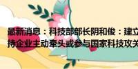 最新消息：科技部部长阴和俊：建立企业研发准备金制度 支持企业主动牵头或参与国家科技攻关任务