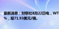 最新消息：财联社8月22日电，WTI原油期货结算价跌1.69%，报71.93美元/桶。