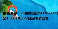 最新消息：23景德城投MTN003：票面利率下调534个基点至1.00% 8月23日起申请回售