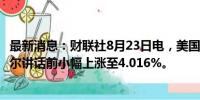 最新消息：财联社8月23日电，美国2年期国债收益率在鲍威尔讲话前小幅上涨至4.016%。