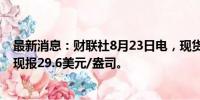 最新消息：财联社8月23日电，现货白银日内涨幅达2.1%，现报29.6美元/盎司。