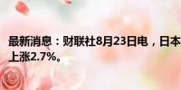 最新消息：财联社8月23日电，日本7月份核心消费物价同比上涨2.7%。