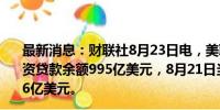 最新消息：财联社8月23日电，美联储8月21日当周定期融资贷款余额995亿美元，8月21日当周贴现窗口贷款余额20.6亿美元。