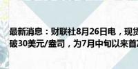 最新消息：财联社8月26日电，现货白银短线走高，向上突破30美元/盎司，为7月中旬以来首次，日内涨0.67%。