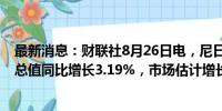 最新消息：财联社8月26日电，尼日利亚第二季度国内生产总值同比增长3.19%，市场估计增长3.20%。