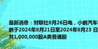 最新消息：财联社8月26日电，小鹏汽车在港交所公告，控股股东何小鹏于2024年8月21日至2024年8月23 日，已于公开市场购买本公司合共1,000,000股A类普通股