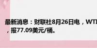 最新消息：财联社8月26日电，WTI原油期货涨幅扩大至3%，报77.09美元/桶。