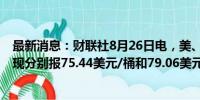 最新消息：财联社8月26日电，美、布两油日内均涨超1%，现分别报75.44美元/桶和79.06美元/桶。