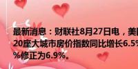 最新消息：财联社8月27日电，美国6月S&amp;P/CS20座大城市房价指数同比增长6.5%，预期6%，前值由6.81%修正为6.9%。