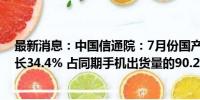 最新消息：中国信通院：7月份国产品牌手机出货量同比增长34.4% 占同期手机出货量的90.2%