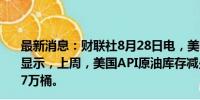 最新消息：财联社8月28日电，美国石油协会（API）数据显示，上周，美国API原油库存减少340万桶，前值增加34.7万桶。