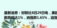 最新消息：财联社8月29日电，美股延续跌势，标普500指数跌幅达1%，纳指跌1.65%，道指跌近0.9%。