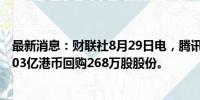 最新消息：财联社8月29日电，腾讯控股于8月28日耗资10.03亿港币回购268万股股份。