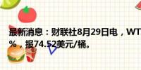 最新消息：财联社8月29日电，WTI原油期货结算价跌1.34%，报74.52美元/桶。