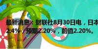 最新消息：财联社8月30日电，日本8月东京核心CPI年率为2.4%，预期2.20%，前值2.20%。