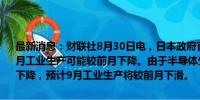 最新消息：财联社8月30日电，日本政府官员称，若产出未达到计划，8月工业生产可能较前月下降。由于半导体生产设备和电子元件设备产量下降，预计9月工业生产将较前月下滑。