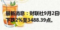 最新消息：财联社9月2日电，恒生科技指数下跌2%至3488.39点。