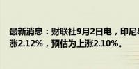 最新消息：财联社9月2日电，印尼8月份消费者价格同比上涨2.12%，预估为上涨2.10%。