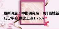 最新消息：中指研究院：8月百城新建住宅平均价格为16461元/平方 同比上涨1.76%