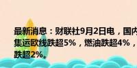 最新消息：财联社9月2日电，国内商品期市开盘多数下跌，集运欧线跌超5%，燃油跌超4%，低硫燃料油、原油、沪镍跌超2%。