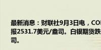 最新消息：财联社9月3日电，COMEX黄金期货涨0.16%，报2531.7美元/盎司。白银期货跌0.73%，报28.93美元/盎司。