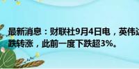 最新消息：财联社9月4日电，英伟达股价低开高走，短时由跌转涨，此前一度下跌超3%。