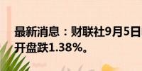 最新消息：财联社9月5日电，日经225指数开盘跌1.38%。