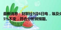 最新消息：财联社9月6日电，埃及央行维持基准利率在27.25%不变，符合分析师预期。