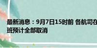 最新消息：9月7日15时前 各航司在海口美兰机场执飞的航班预计全部取消