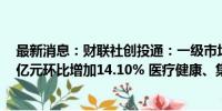 最新消息：财联社创投通：一级市场本周融资总额约40.23亿元环比增加14.10% 医疗健康、集成电路活跃度居前