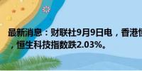 最新消息：财联社9月9日电，香港恒生指数午间收跌1.96%，恒生科技指数跌2.03%。